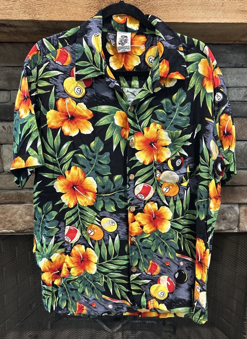 Men’s Kennington Rayon Hawaiian Shirt Hibiscus Billiard Pool Balls Size L *A2